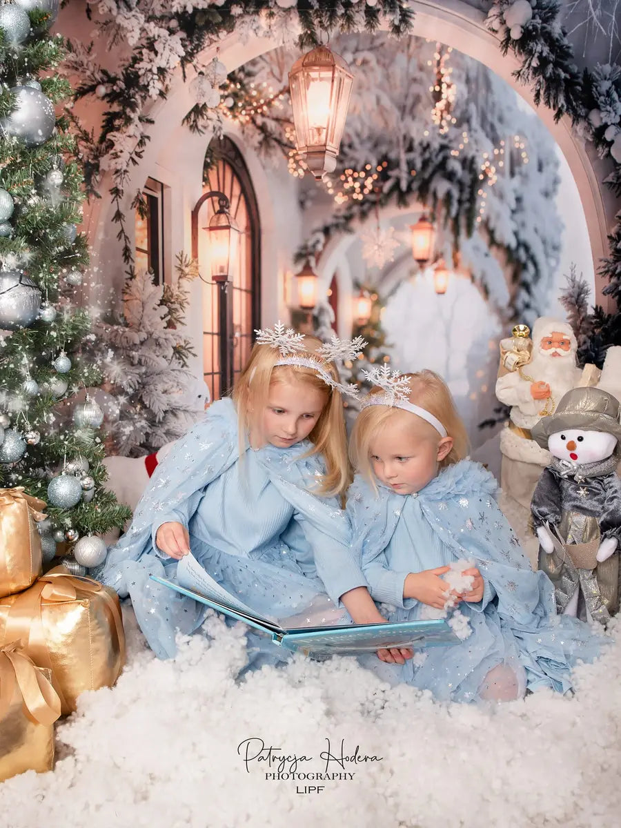 Kate Winter Retro White Flower Christmas Arch Hallway Backdrop Designed by Emetselch