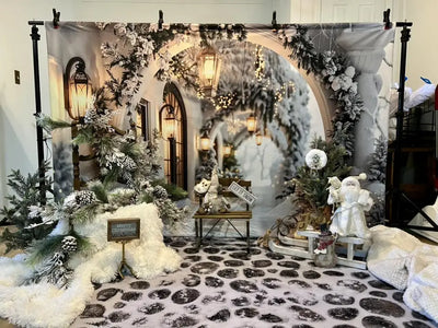 Kate Winter Retro White Flower Christmas Arch Hallway Backdrop Designed by Emetselch