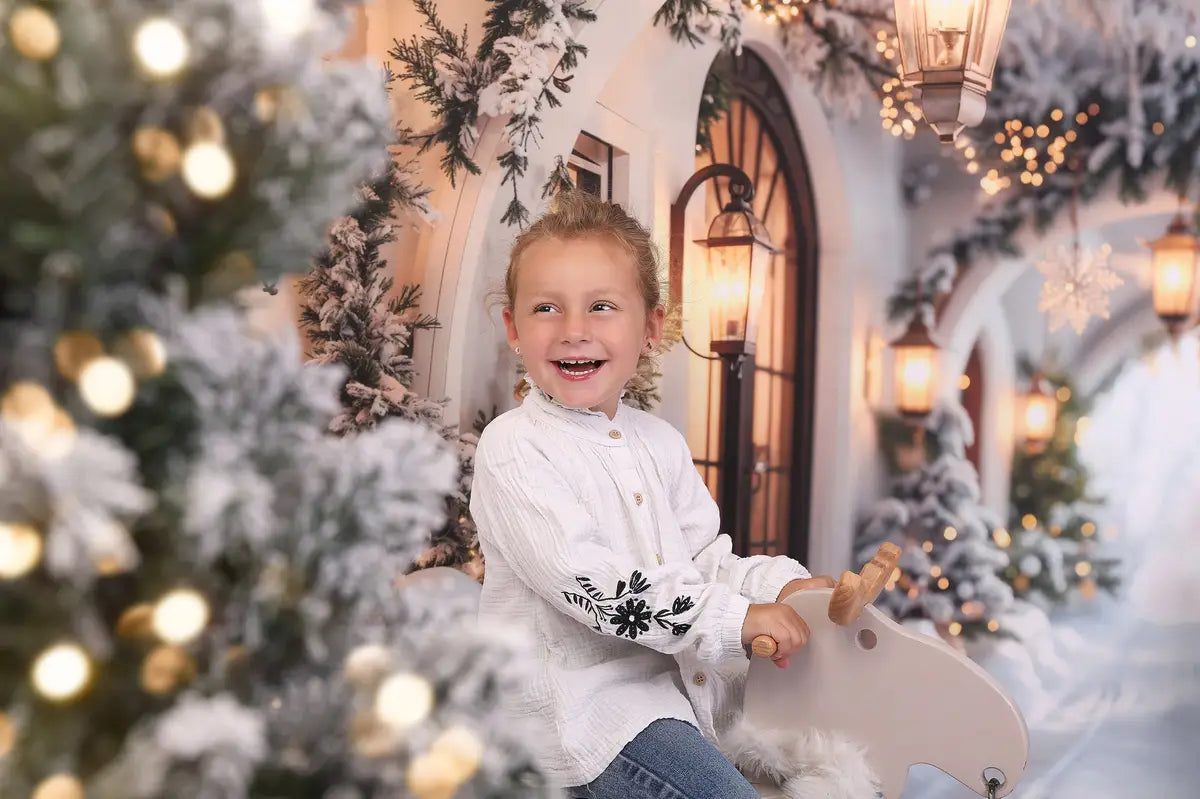 Kate Winter Retro White Flower Christmas Arch Hallway Backdrop Designed by Emetselch