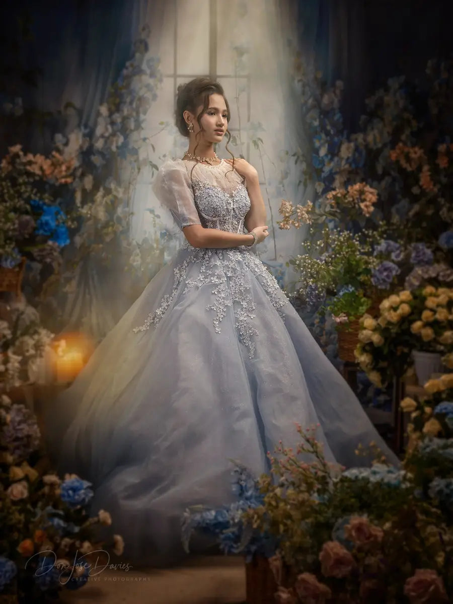 Kate Blue Flower Curtain Window Room Spring Backdrop Designed by Emetselch