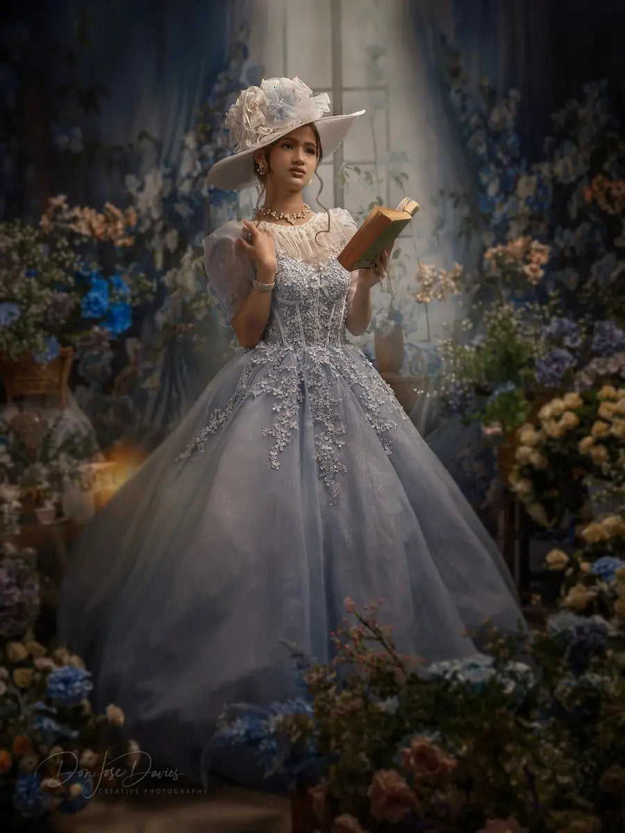 Kate Blue Flower Curtain Window Room Spring Backdrop Designed by Emetselch