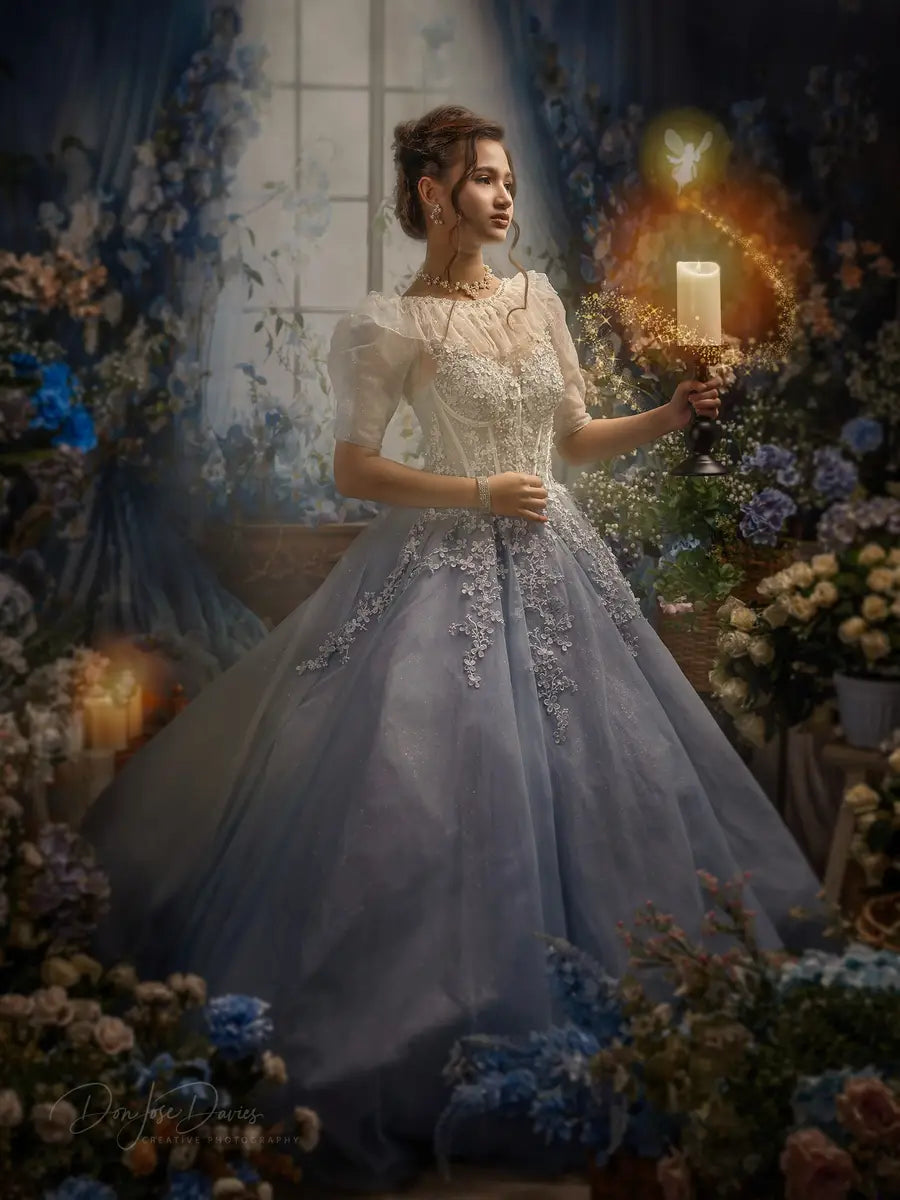 Kate Blue Flower Curtain Window Room Spring Backdrop Designed by Emetselch