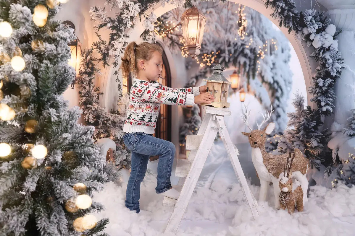 Kate Winter Retro White Flower Christmas Arch Hallway Backdrop Designed by Emetselch