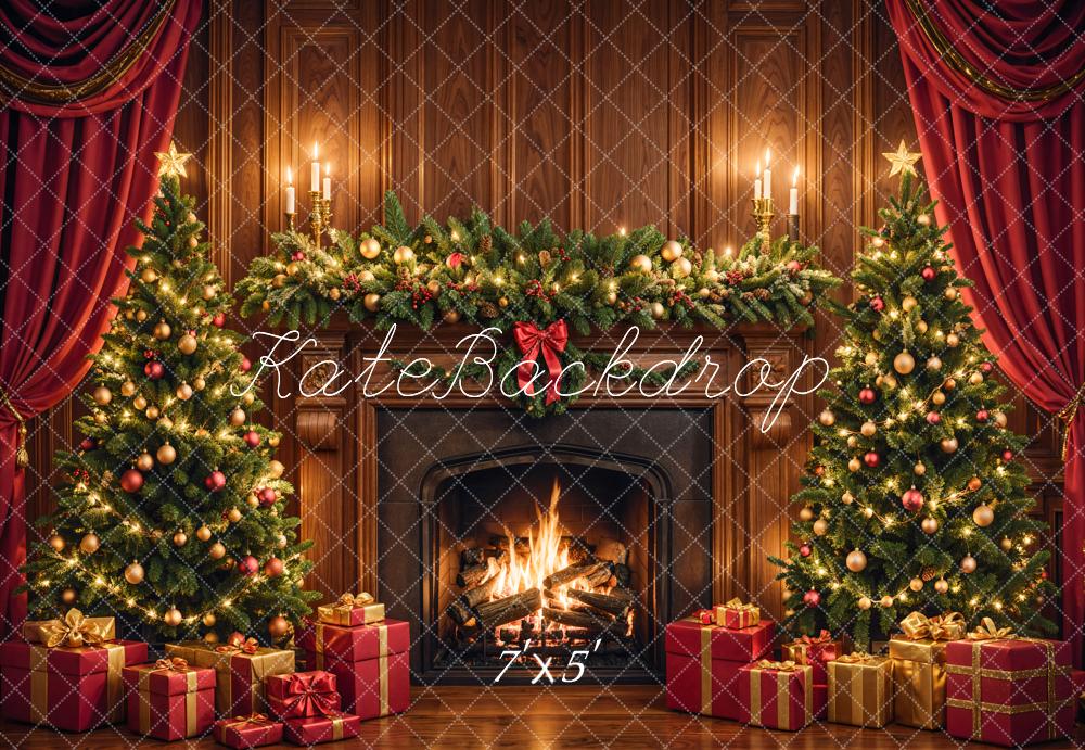 Kate Christmas Fireplace Tree Brown Retro Wall Backdrop Designed by Emetselch