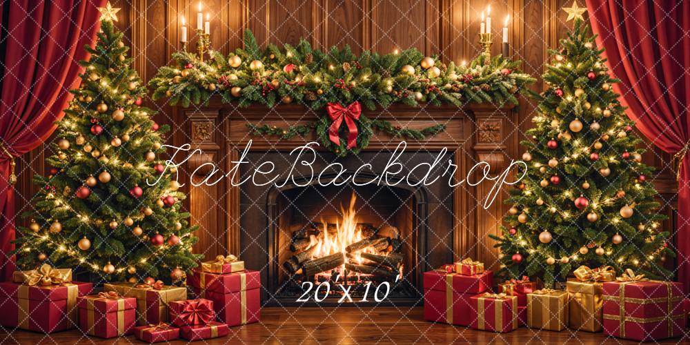 Kate Christmas Fireplace Tree Brown Retro Wall Backdrop Designed by Emetselch