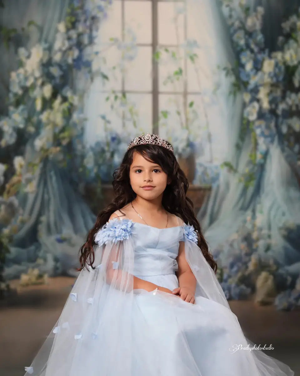 Kate Blue Flower Curtain Window Room Spring Backdrop Designed by Emetselch