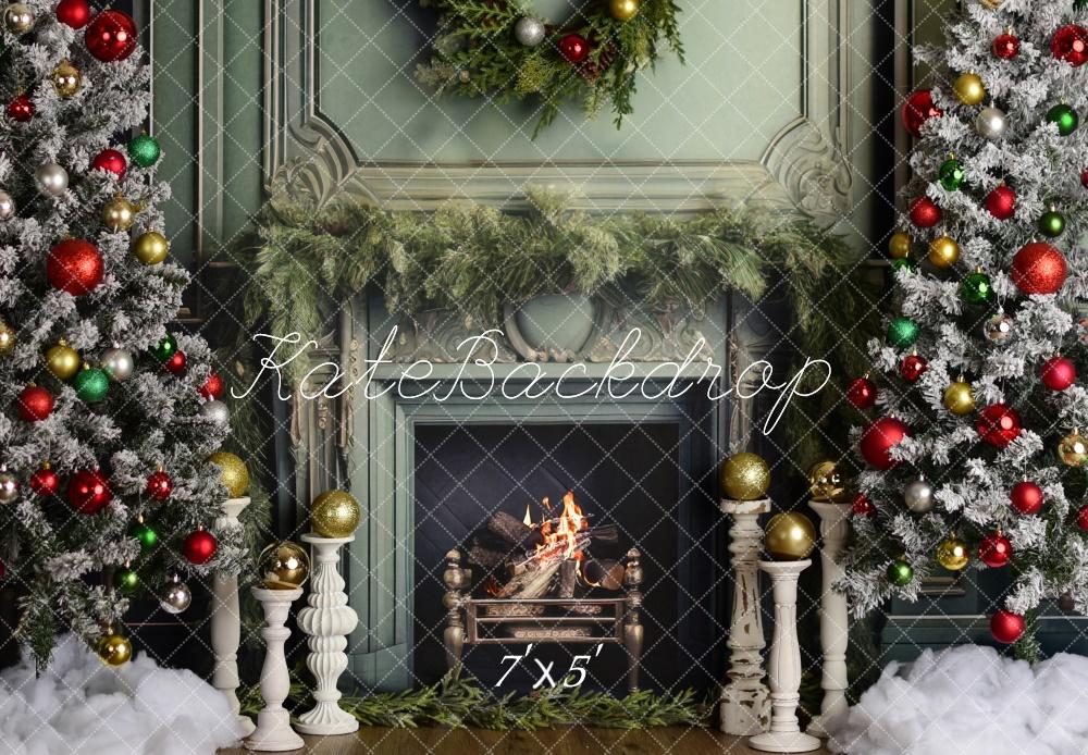 Kate Christmas Trees Fireplace Retro Green Backdrop Designed by Mandy Ringe Photography