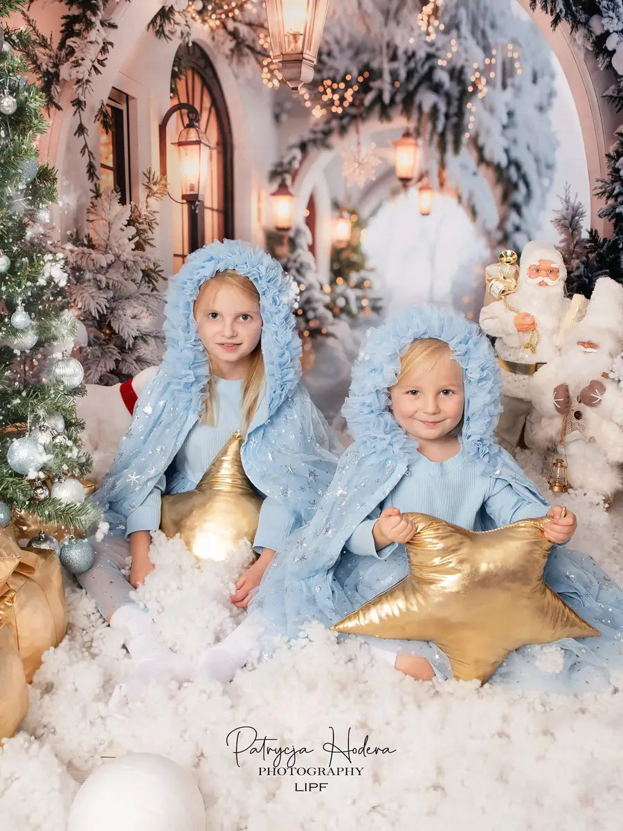 Kate Winter Retro White Flower Christmas Arch Hallway Backdrop Designed by Emetselch