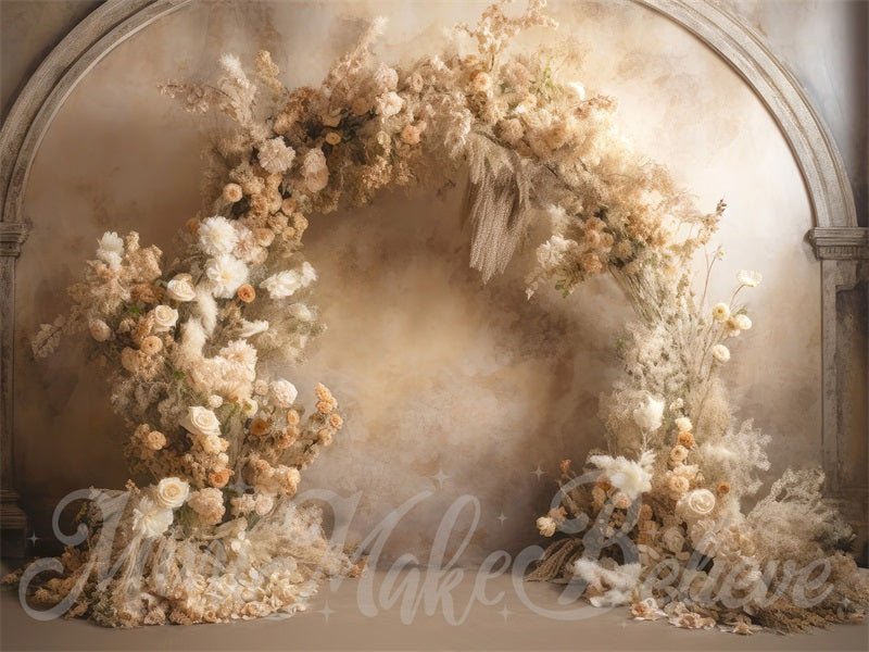 Kate Painterly Fine Art Floral Luxury Flower Arch on Beige Wall Wedding Birthday Communion Backdrop Designed by Mini MakeBelieve