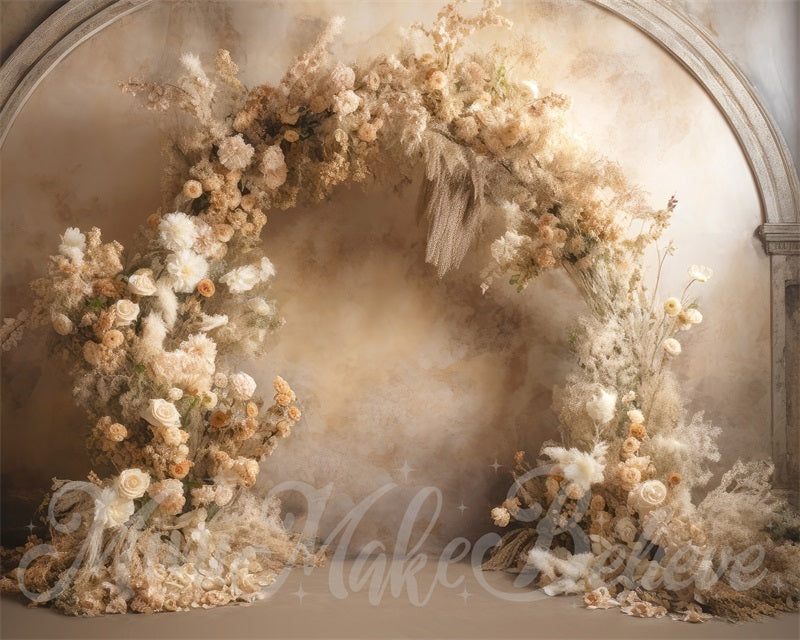 Kate Painterly Fine Art Floral Luxury Flower Arch on Beige Wall Wedding Birthday Communion Backdrop Designed by Mini MakeBelieve