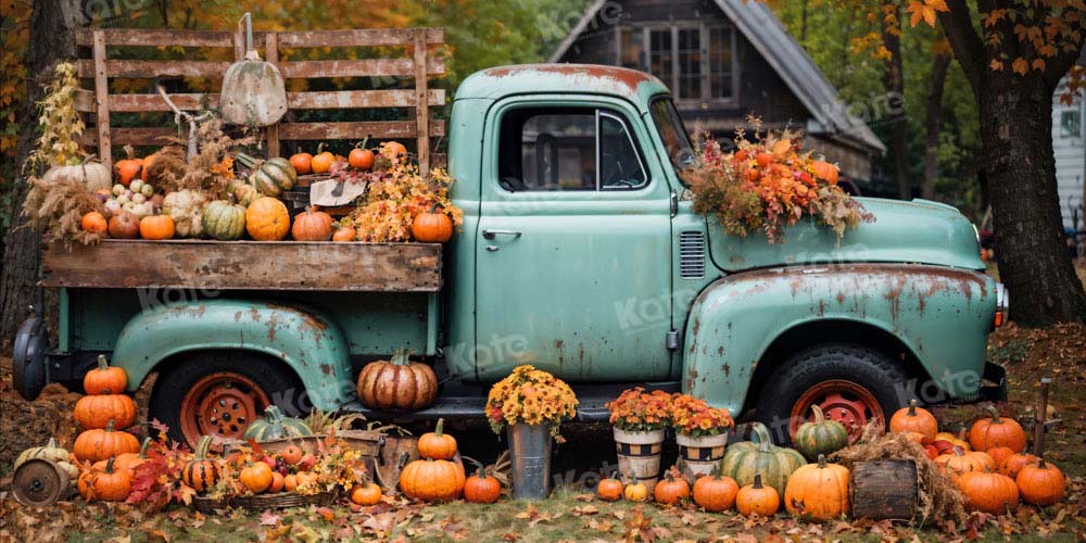 Kate Autumn Truck Golden Leaves Old House Backdrop Designed by Chain Photography