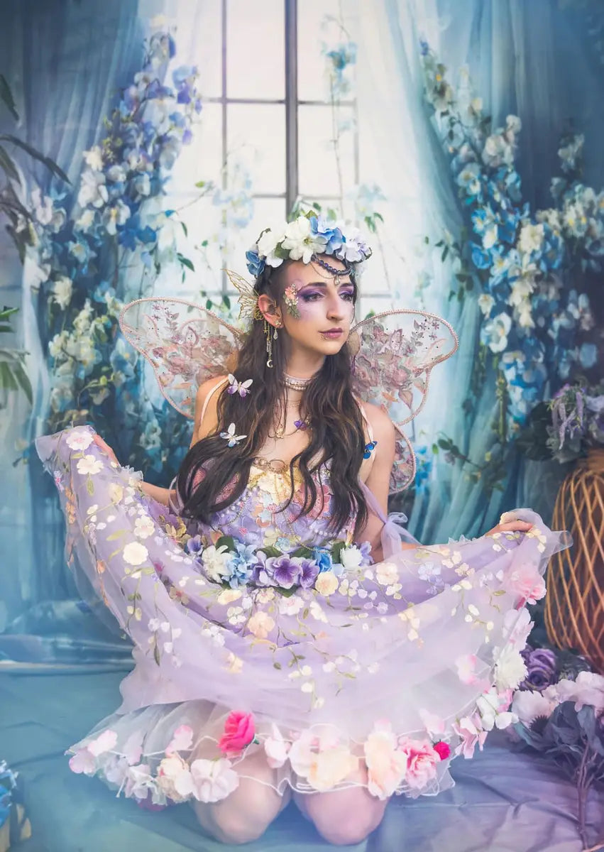 Kate Blue Flower Curtain Window Room Spring Backdrop Designed by Emetselch