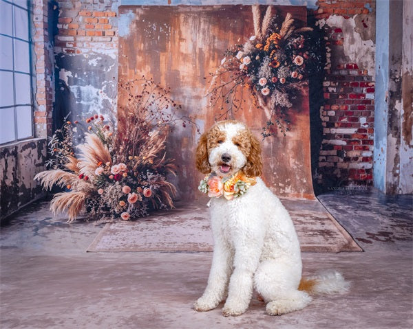 Kate Boho Dark Brown Indoor Reed Floral Old Brick Wall Backdrop Designed by Emetselch
