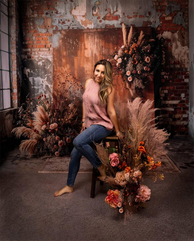 Kate Boho Dark Brown Indoor Reed Floral Old Brick Wall Backdrop Designed by Emetselch