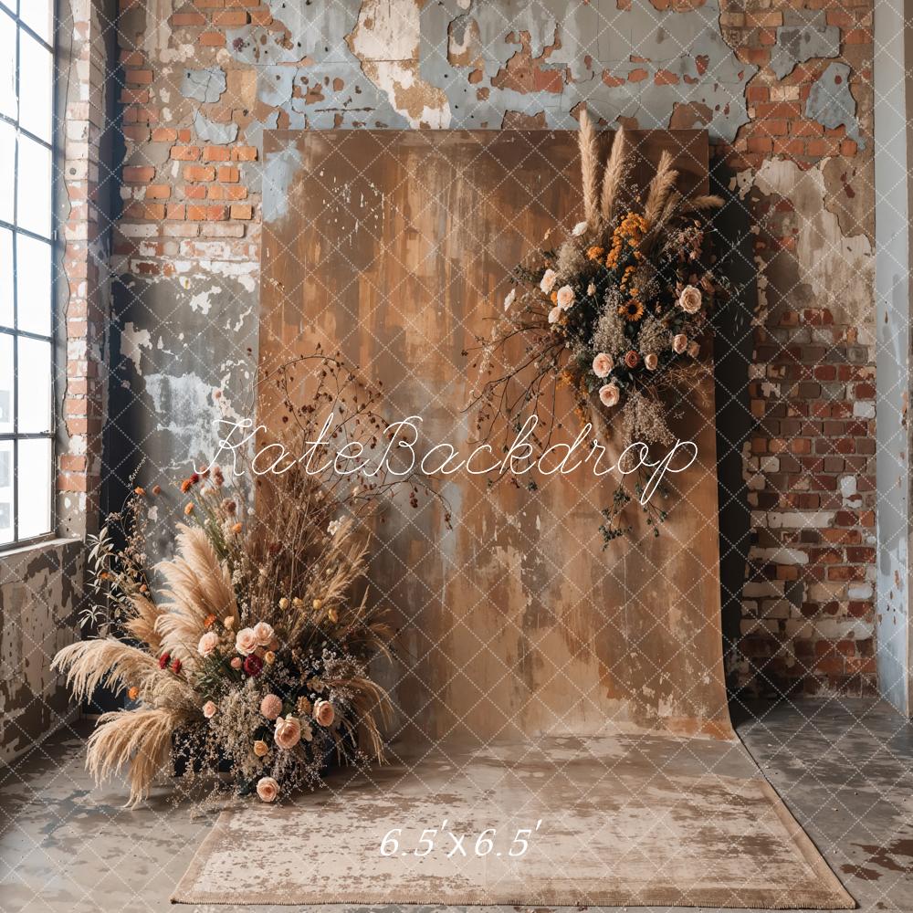 Kate Boho Dark Brown Indoor Reed Floral Old Brick Wall Backdrop Designed by Emetselch