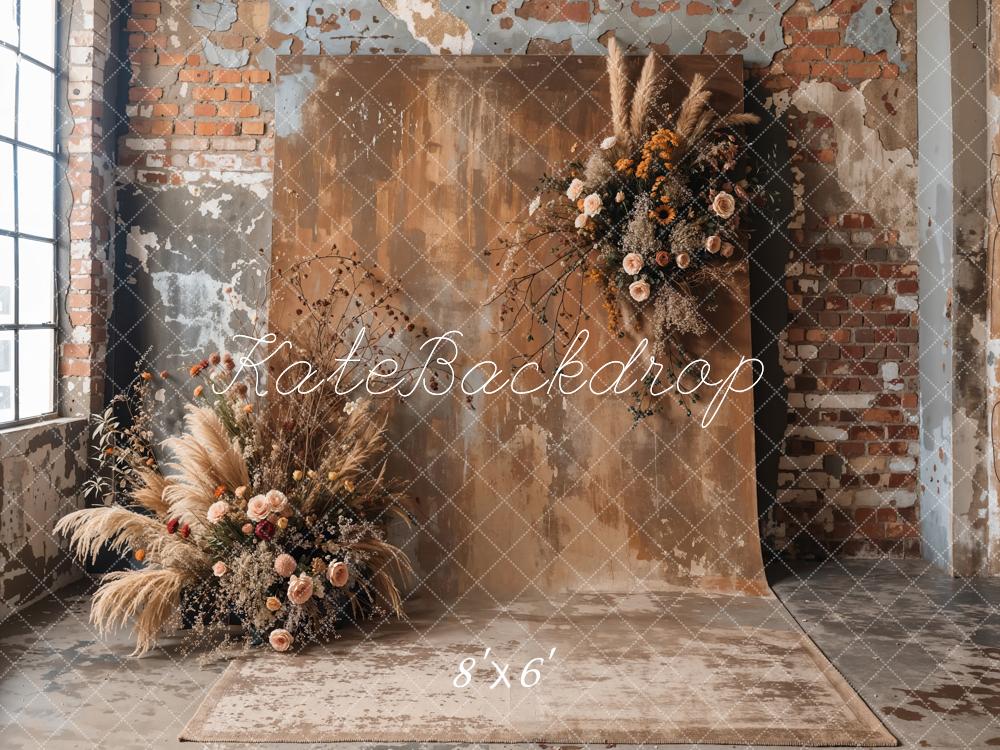 Kate Boho Dark Brown Indoor Reed Floral Old Brick Wall Backdrop Designed by Emetselch