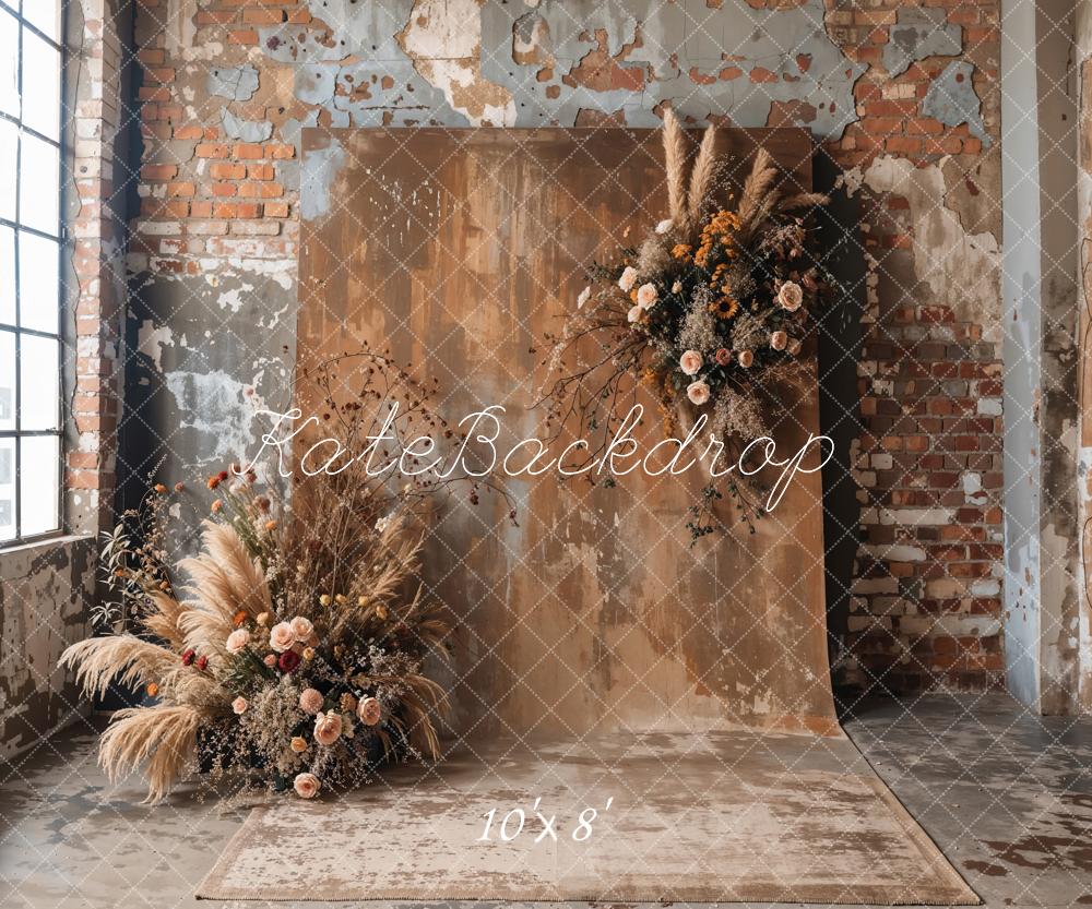 Kate Boho Dark Brown Indoor Reed Floral Old Brick Wall Backdrop Designed by Emetselch