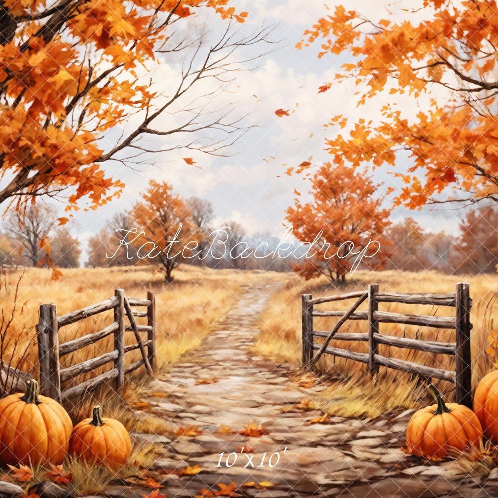 Kate Autumn Outdoor Maple Leaves Forest Field Pumpkin Path Backdrop Designed by GQ