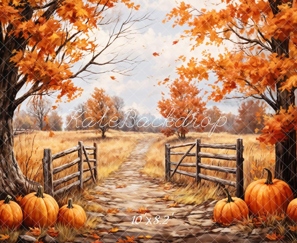 Kate Autumn Outdoor Maple Leaves Forest Field Pumpkin Path Backdrop Designed by GQ