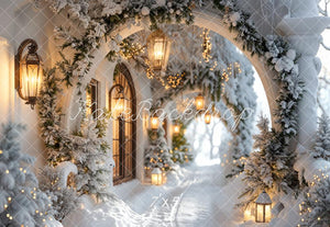 Kate Winter Retro White Flower Christmas Arch Hallway Backdrop Designed by Emetselch