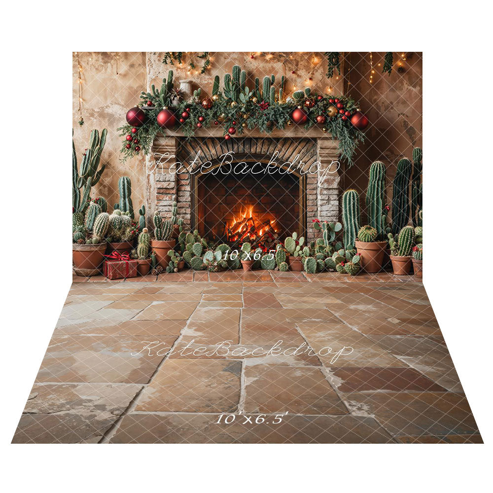 Kate Retro Wall Christmas Cactus Fireplace Backdrop+Vintage Rustic Cobblestone Floor Backdrop