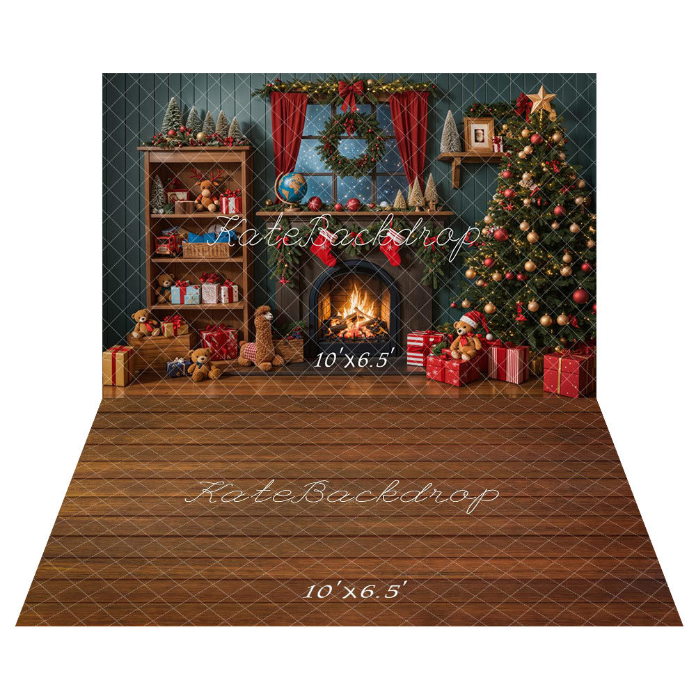 Kate Christmas Tree Fireplace Shelf Gifts Backdrop+Brown Wooden Floor Backdrop