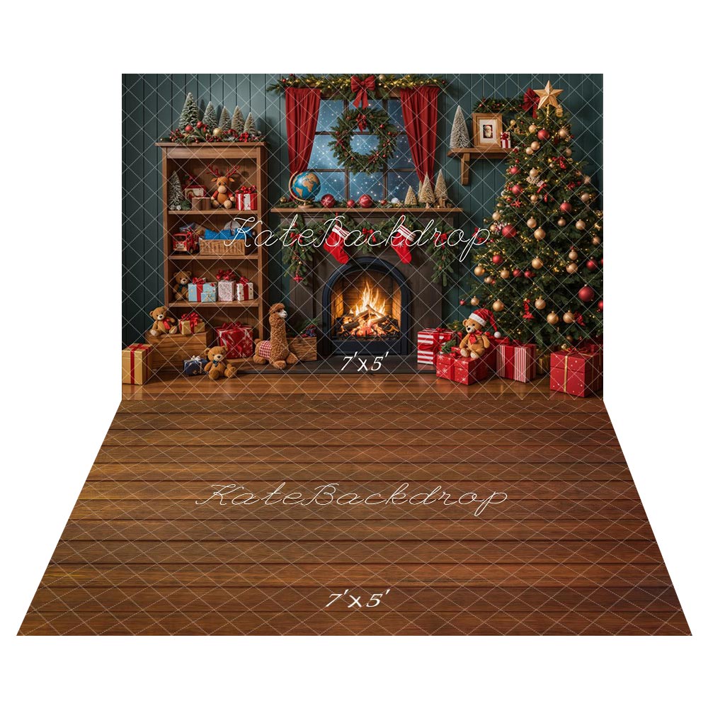 Kate Christmas Tree Fireplace Shelf Gifts Backdrop+Brown Wooden Floor Backdrop