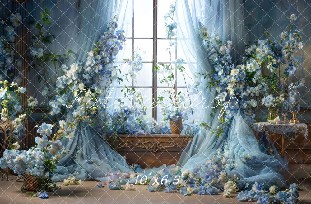 Kate Blue Flower Curtain Window Room Spring Backdrop Designed by Emetselch