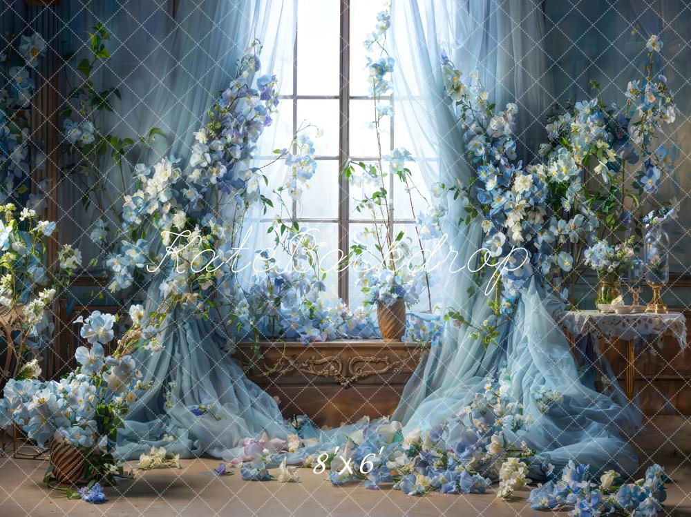 Kate Blue Flower Curtain Window Room Spring Backdrop Designed by Emetselch