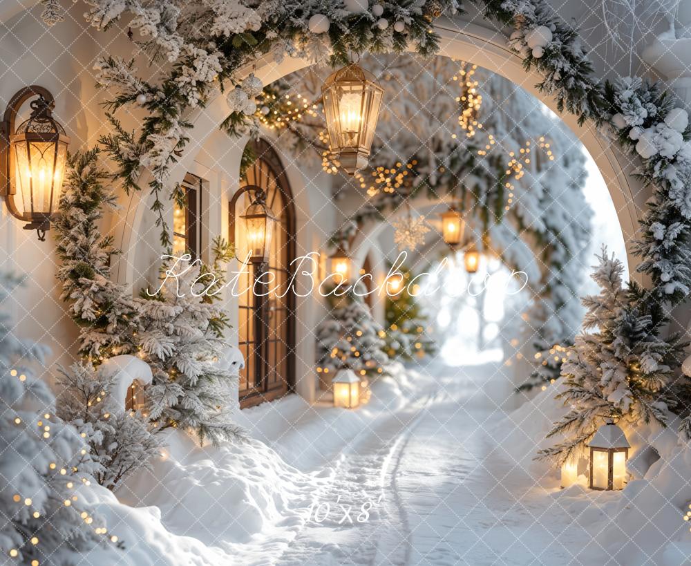Kate Winter Retro White Flower Christmas Arch Hallway Backdrop Designed by Emetselch
