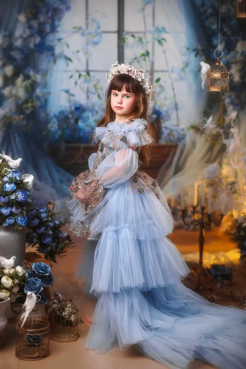 Kate Blue Flower Curtain Window Room Spring Backdrop Designed by Emetselch