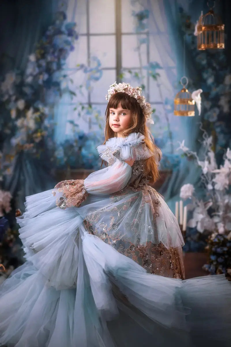 Kate Blue Flower Curtain Window Room Spring Backdrop Designed by Emetselch