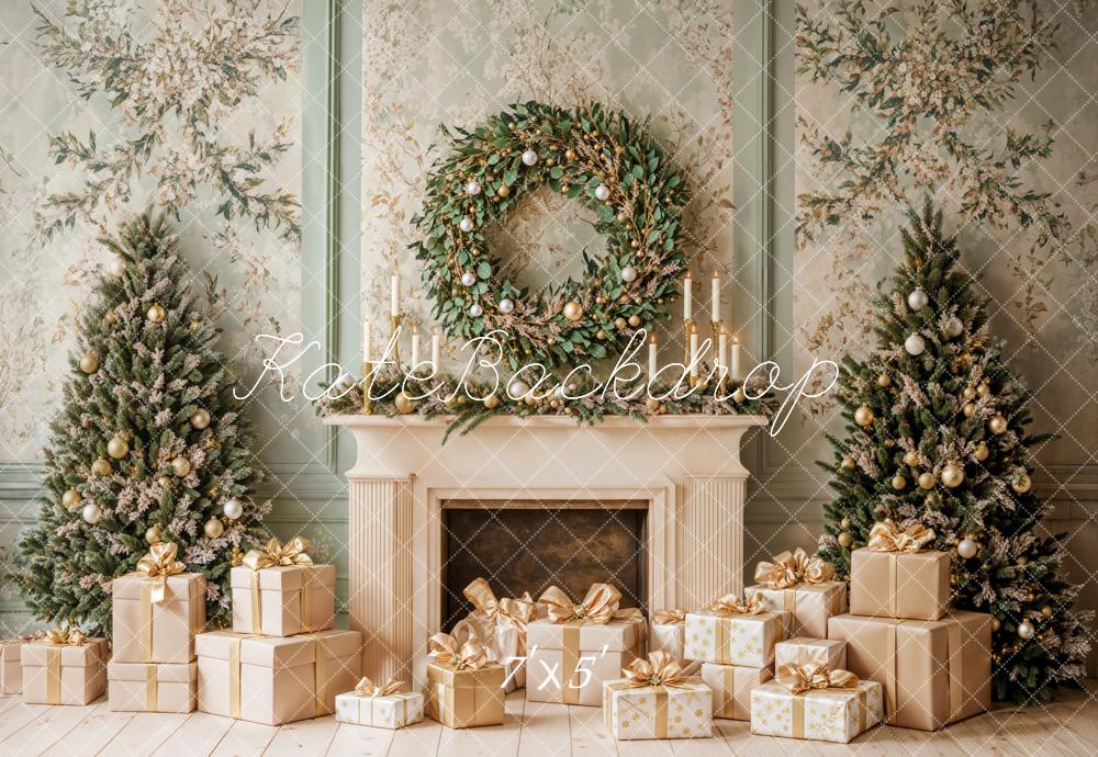 Kate Christmas Fireplace Tree Wreath Green Retro Wall Backdrop Designed by Emetselch