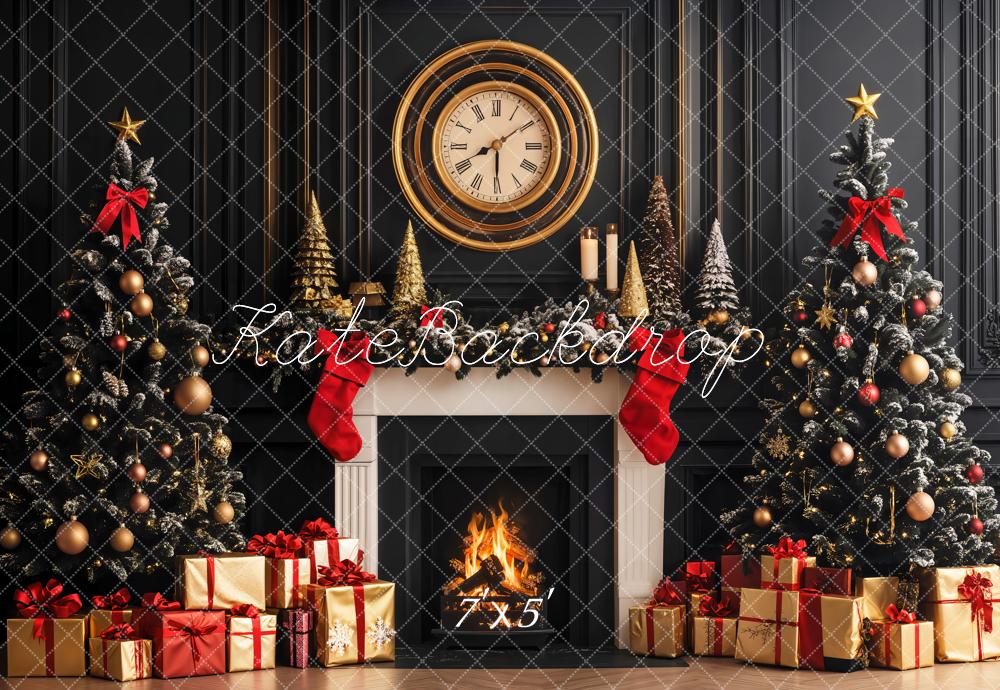 Kate Christmas Trees Fireplace Clock With Retro Wall  Backdrop Designed by Emetselch