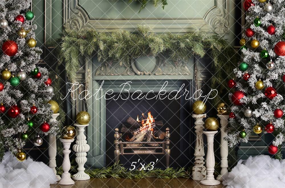 Kate Christmas Trees Fireplace Retro Green Backdrop Designed by Mandy Ringe Photography