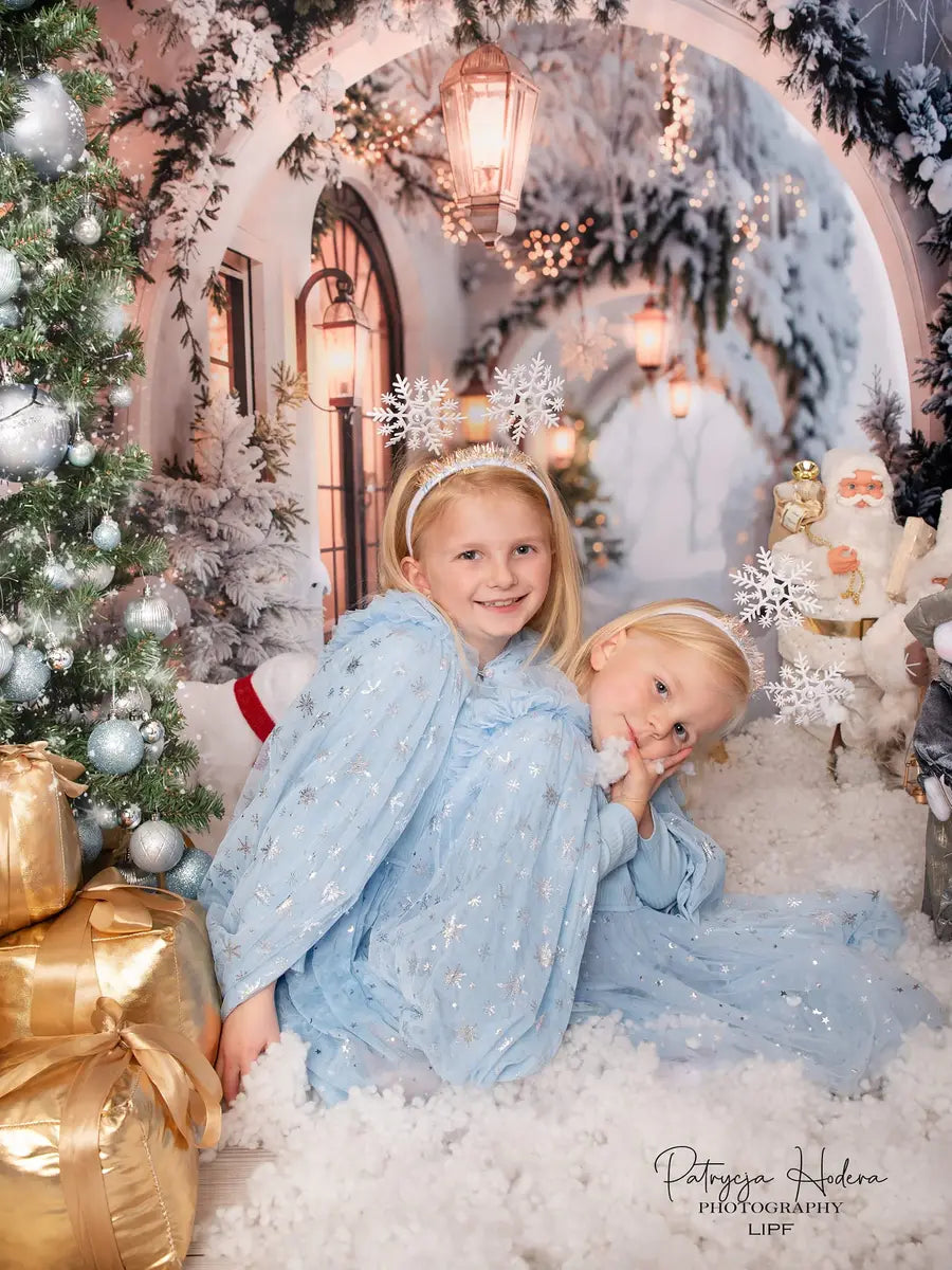 Kate Winter Retro White Flower Christmas Arch Hallway Backdrop Designed by Emetselch