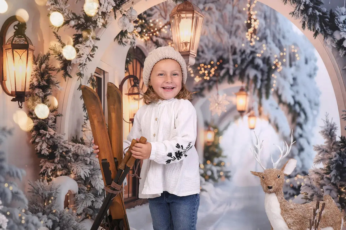 Kate Winter Retro White Flower Christmas Arch Hallway Backdrop Designed by Emetselch