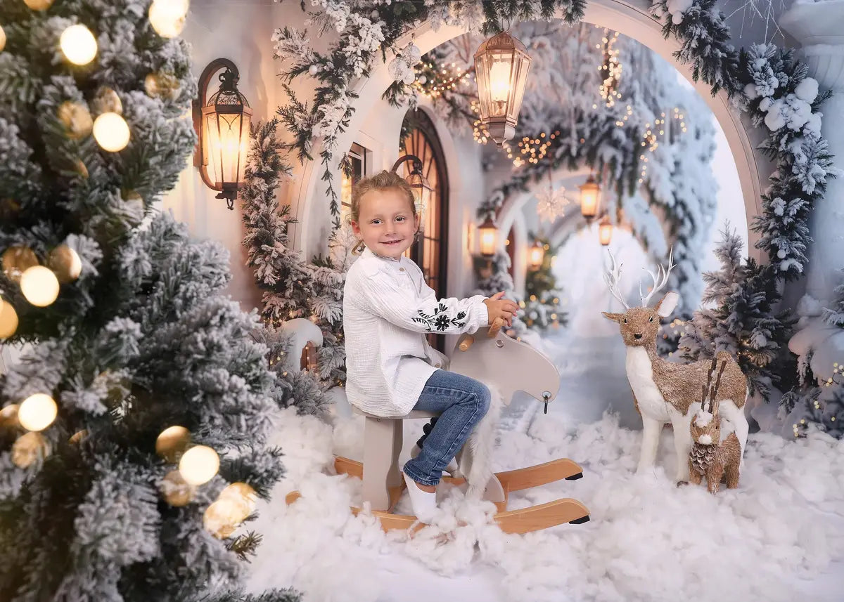 Kate Winter Retro White Flower Christmas Arch Hallway Backdrop Designed by Emetselch