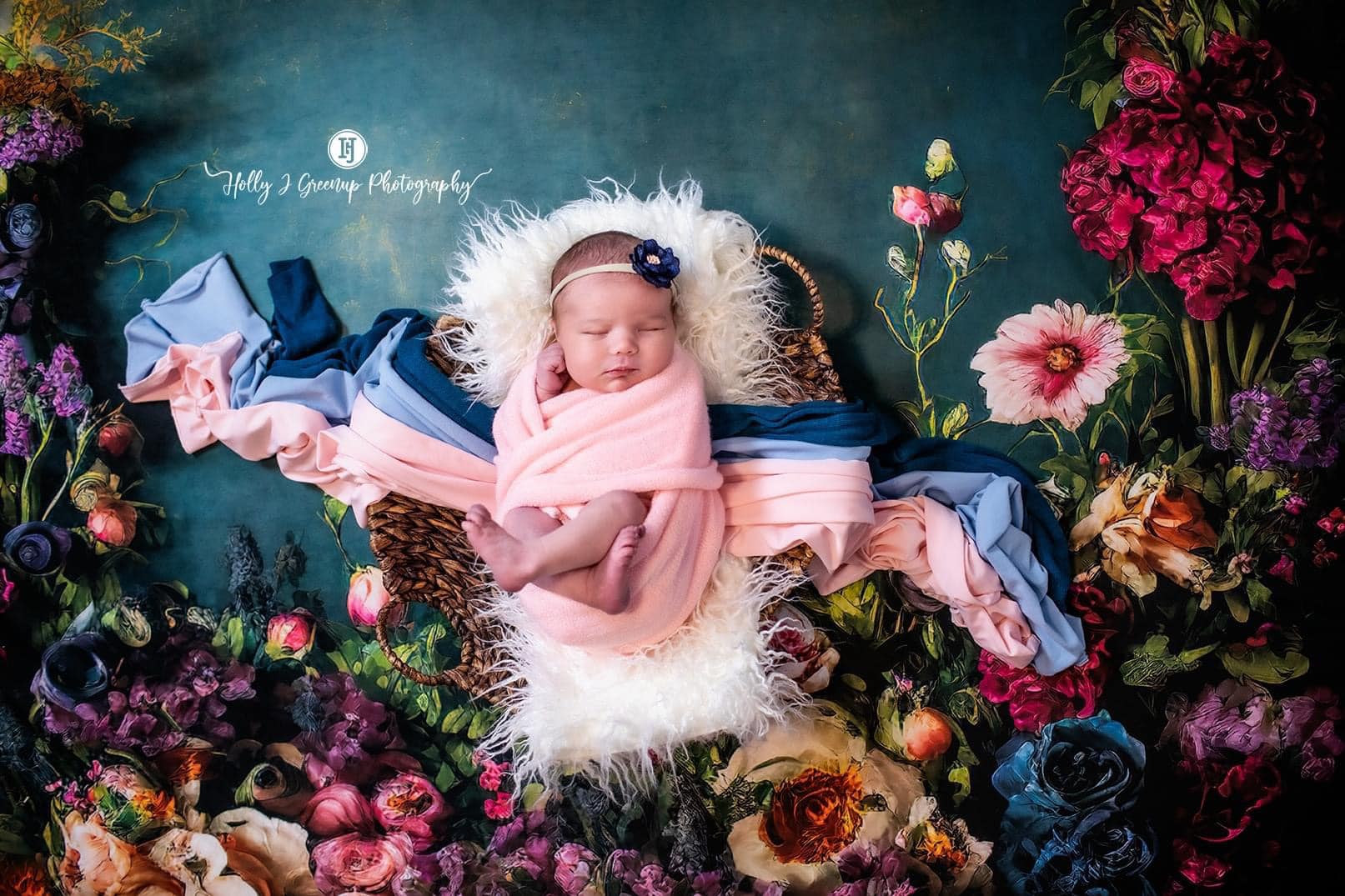 Kate Spring Fine Art Oil Painterly Floral Dark Teal Backdrop Designed by Mini MakeBelieve