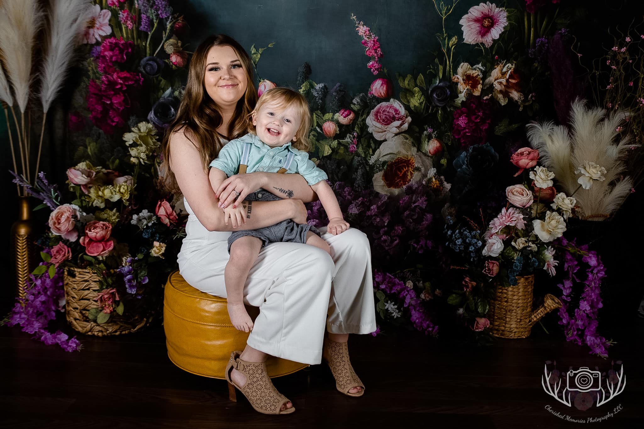 Kate Spring Fine Art Oil Painterly Floral Dark Teal Backdrop Designed by Mini MakeBelieve