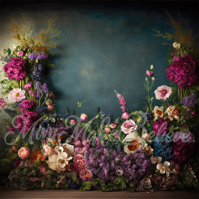 Kate Spring Fine Art Oil Painterly Floral Dark Teal Backdrop Designed by Mini MakeBelieve