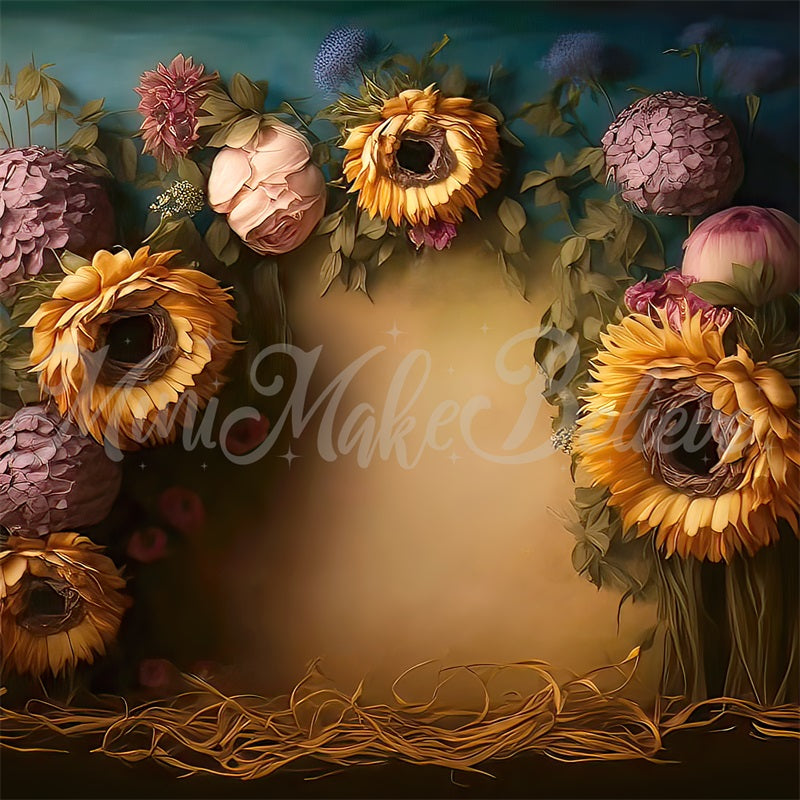 Kate Sunflowers Painterly Fine Art Floral Backdrop Designed by Mini MakeBelieve