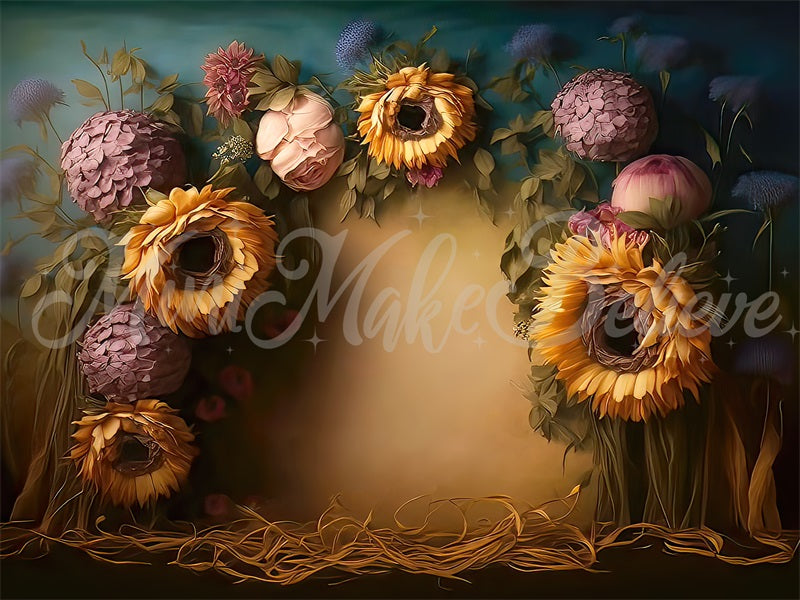 Kate Sunflowers Painterly Fine Art Floral Backdrop Designed by Mini MakeBelieve